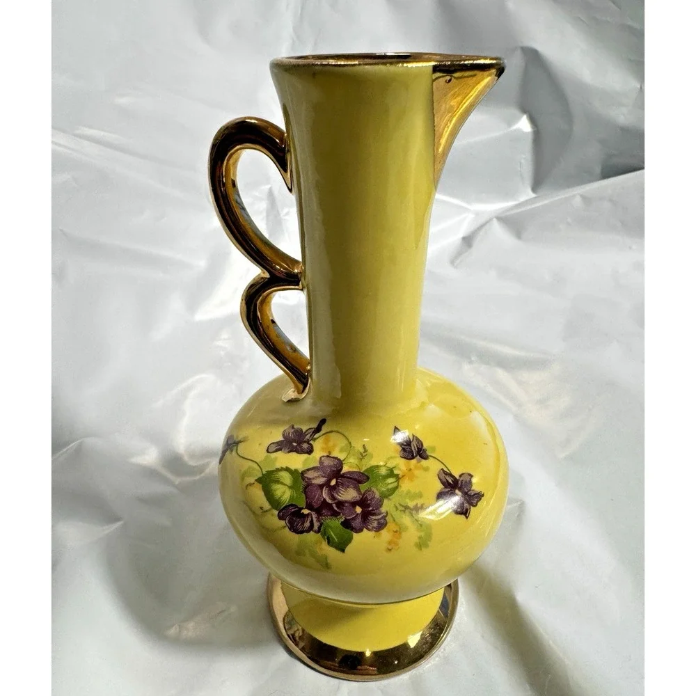 Vintage Yellow Ceramic Miniature Bud Vase Purple Violets Gold Trim 6.25in